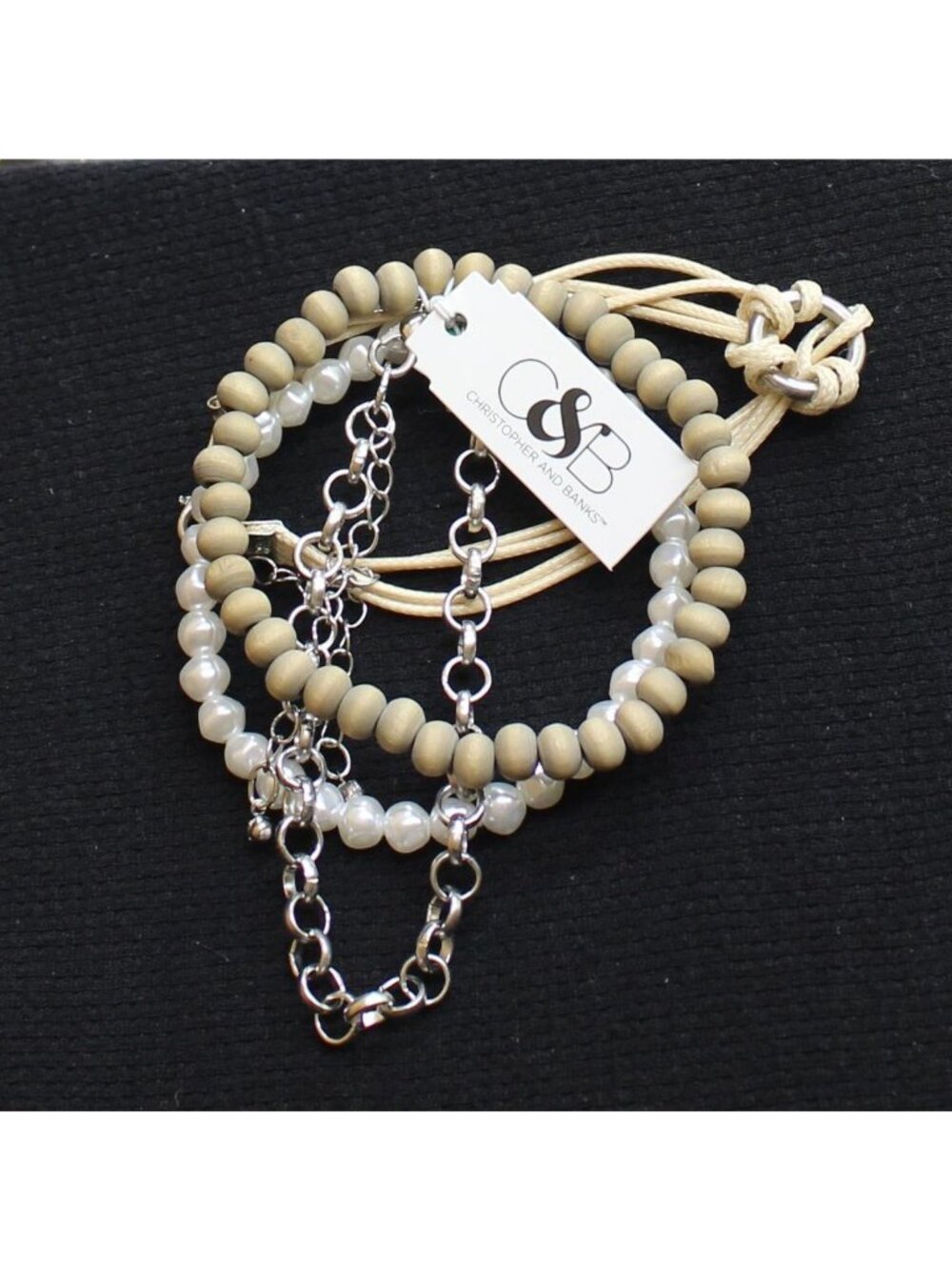 NWT Christopher & Banks Bead Cord Chain Bracelets Tan Brown / White 7" + 3"